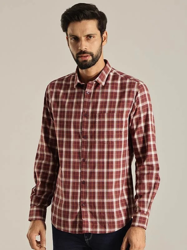 Indian Terrain Men's Slim Fit Full Sleeve Checkered Red Shirt